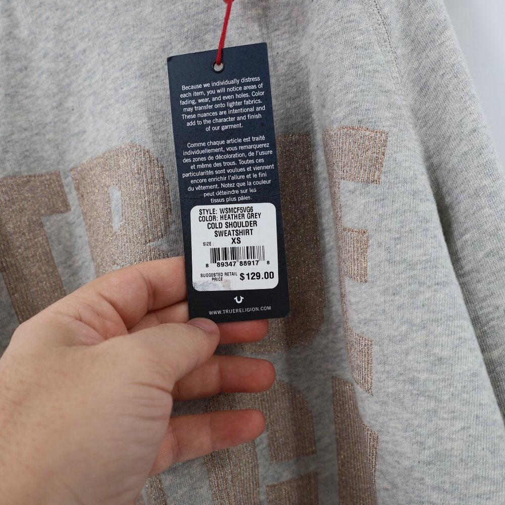 NWT True religion Sweatshirt Womens XS gray Cold Shoulder Sweatshirt embellished - Picture 5 of 13